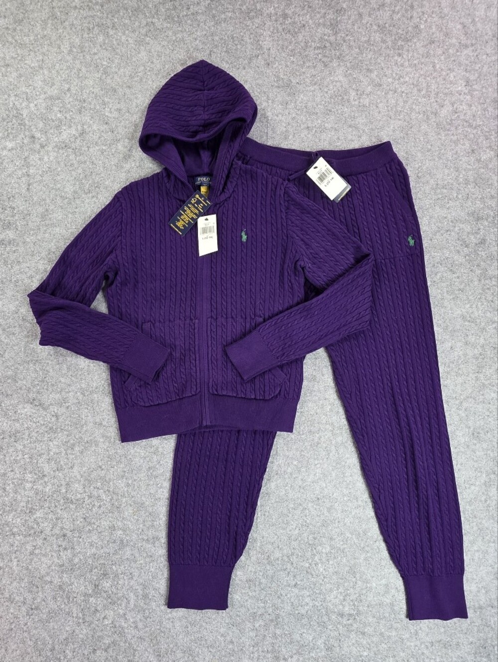 NWT Ralph Lauren Purple Cable-Knit Hoodie & Jogger Set Polo Sz L 12-14 Girls